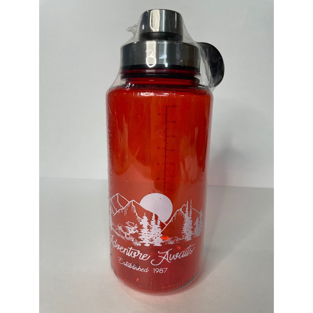 Adventure Awaits Water Bottle Unisex 32oz Red New Wide Mouth Mountain Graphic
